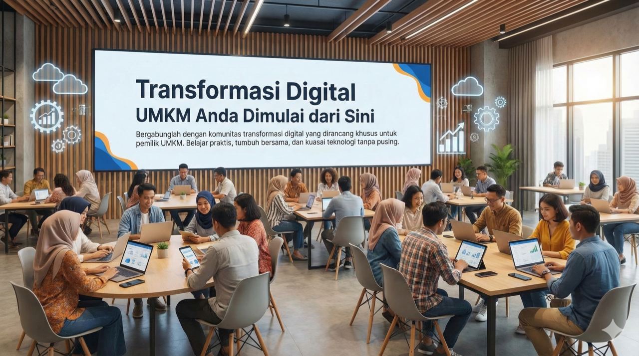 Para pelaku UMKM belajar bersama dengan laptop dan tablet di ruang kelas